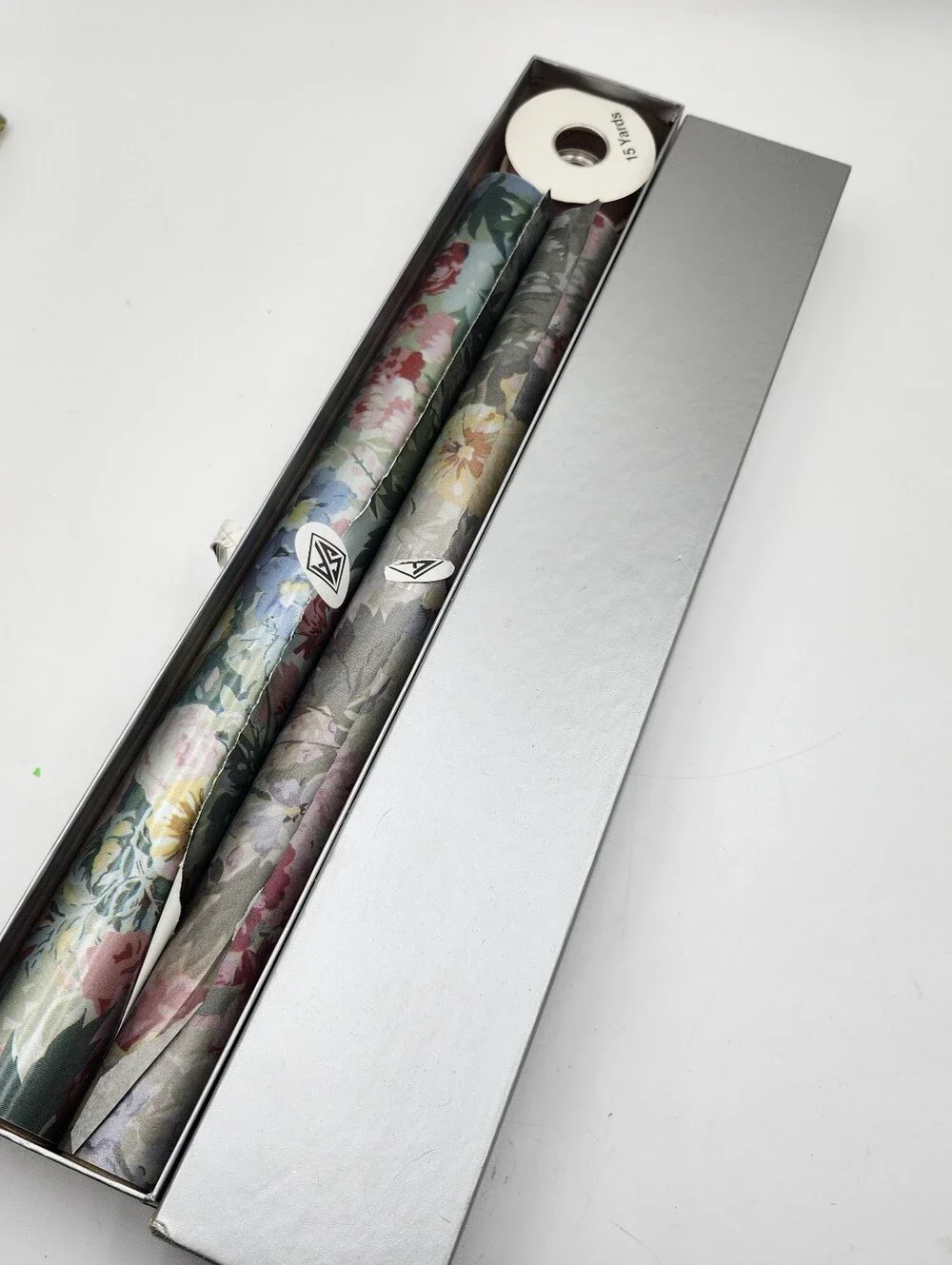 Vintage New Sally FOSTER Silver Floral Roses Wrapping Paper Rolls Card Ribbon